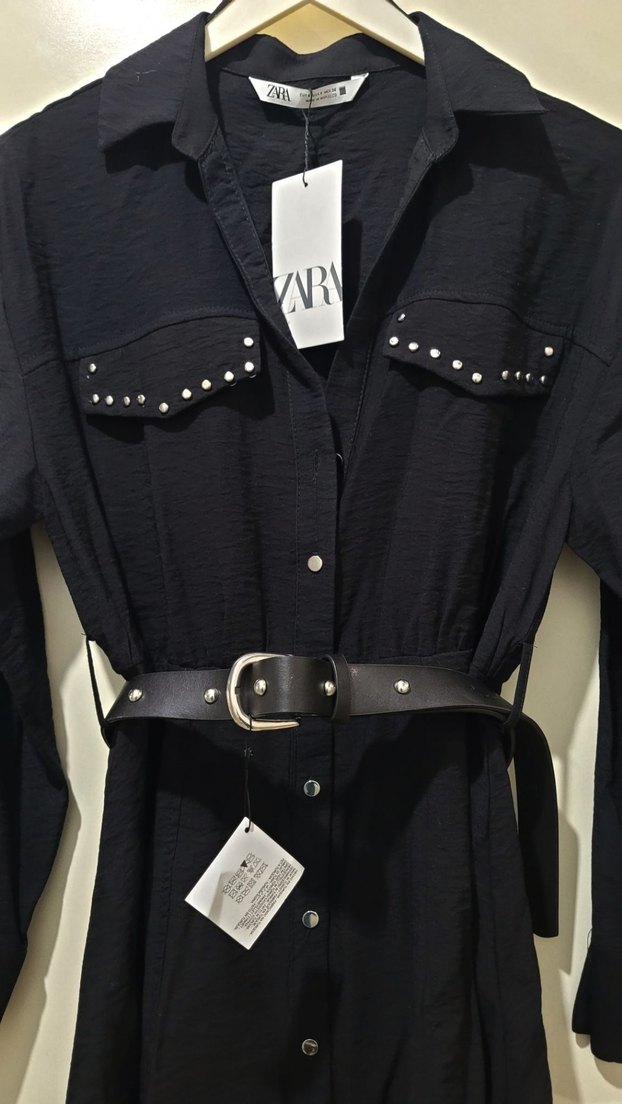 Siyah V Yakalı Kemerli Mini Elbise - Görsel 5