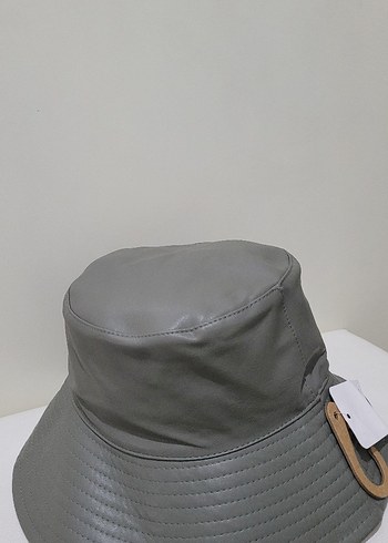 Kadın Gri Deri Bucket Şapka - Görsel 2