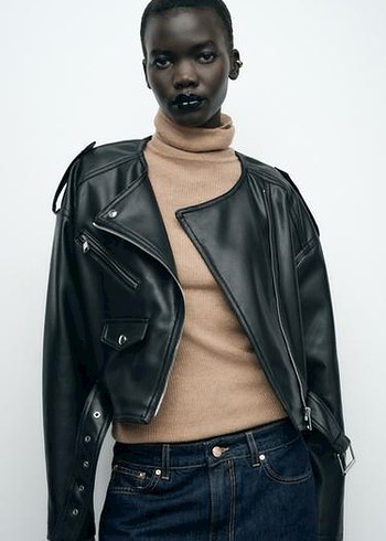 xs Beden siyah Renk SUNİ DERİ CROP BIKER CEKET