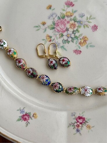 Beden Vintage Cloisonne Bileklik Ve Küpe Seti