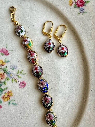 Vintage Cloisonne Bileklik Ve Küpe Seti