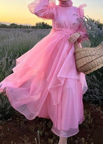Pembe Uzun Drapeli Bohem Elbise