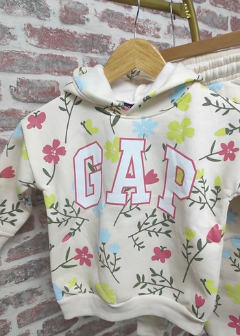 Beyaz Çiçekli Kız Çocuk Kapüşonlu Eşofman Takımı - Görsel 2