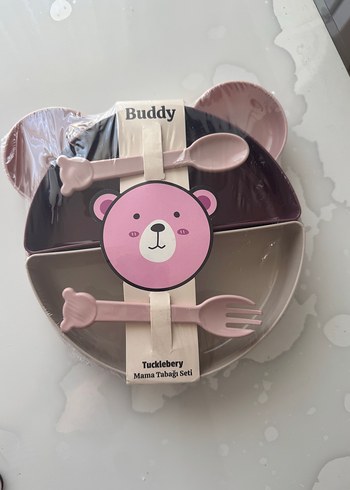 Pastel Pembe Ayıcık Desenli Çocuk Tabak ve Çatal Kaşık Seti