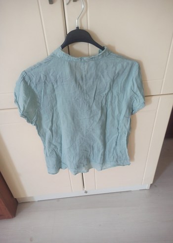 Mavi Keten Mini Gömlek, Kısa Kollu, Düğmeli