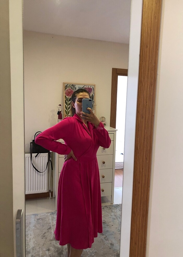 Kruvaze yaka bağlamalı içten bağlamalı elbise - Görsel 4