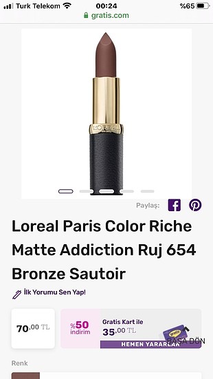 Loreal paris color riche matte addiction ruj 654 bronze sautoir