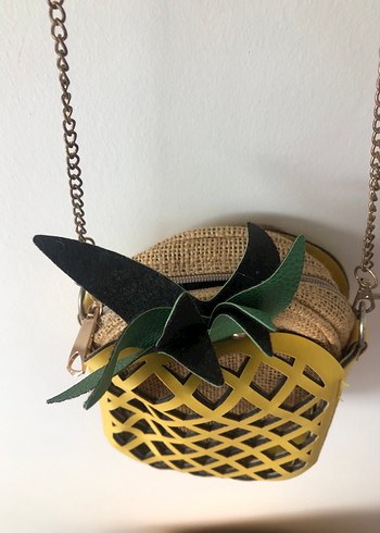 Sarı Ananas Desenli Zincir Detaylı Çanta - Görsel 4