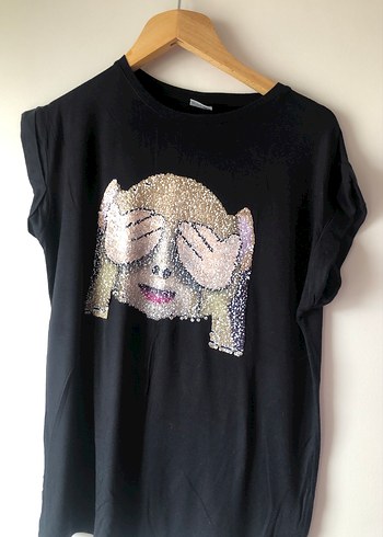 Kadın Payetli Baskılı Siyah Tişört - Görsel 2