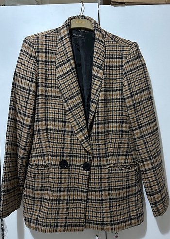 36 Beden Düğmeli Kahverengi Ekose Kadın Blazer
