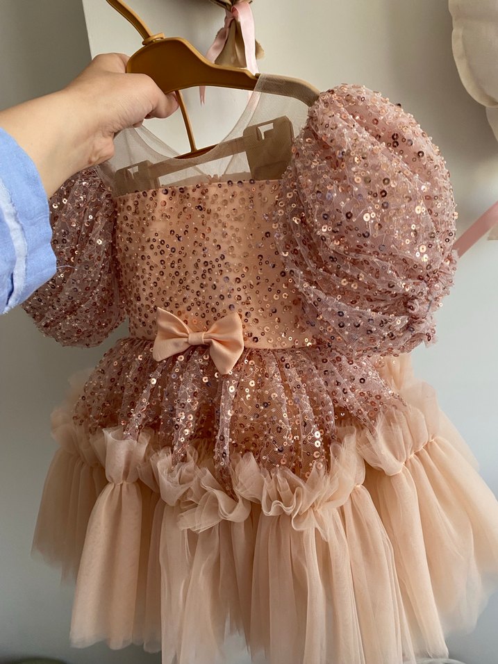 Pembe Payetli Fırfırlı Kız Çocuk Elbisesi - Görsel 2