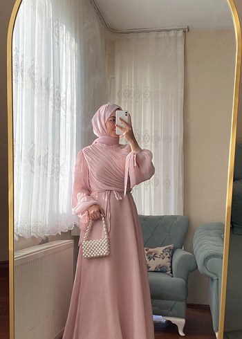 Pembe Uzun Kollu Salaş Drapeli Abiye Elbise