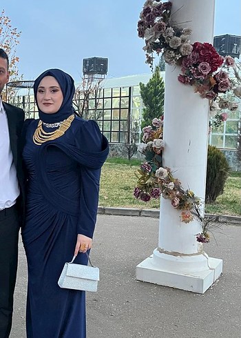 Uzun Kollu Drapeli Mavi Abiye Elbise - Görsel 4