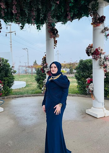 Uzun Kollu Drapeli Mavi Abiye Elbise - Görsel 2