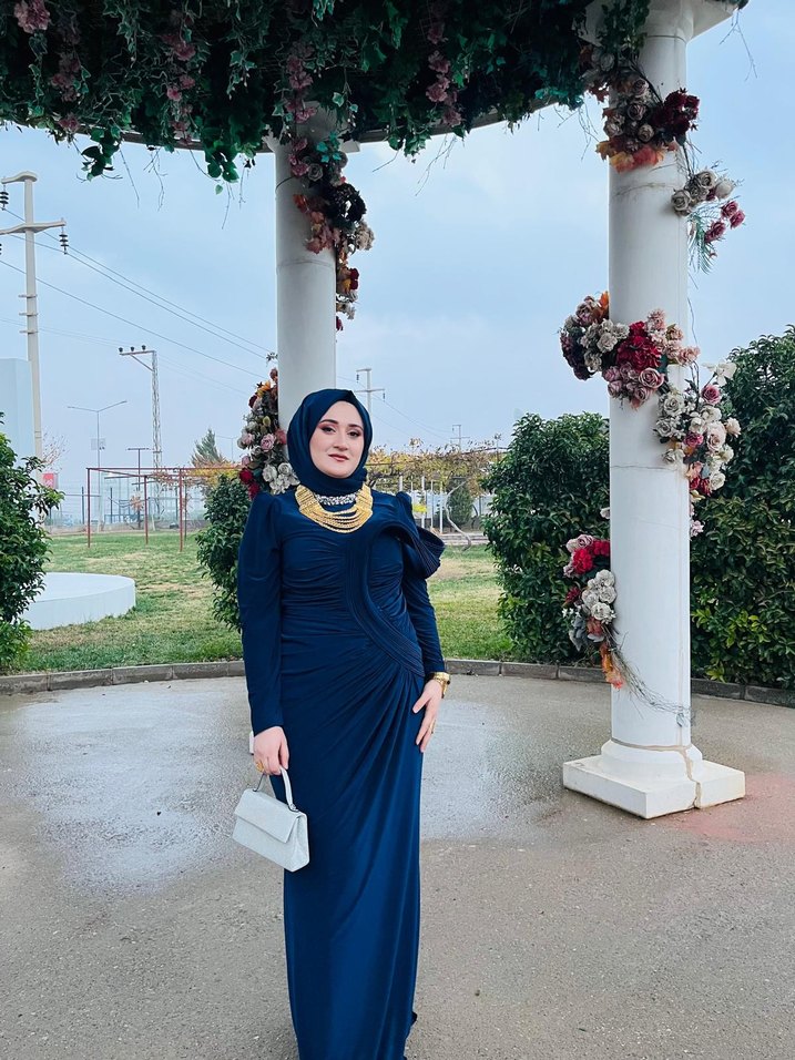 Uzun Kollu Drapeli Mavi Abiye Elbise - Görsel 3