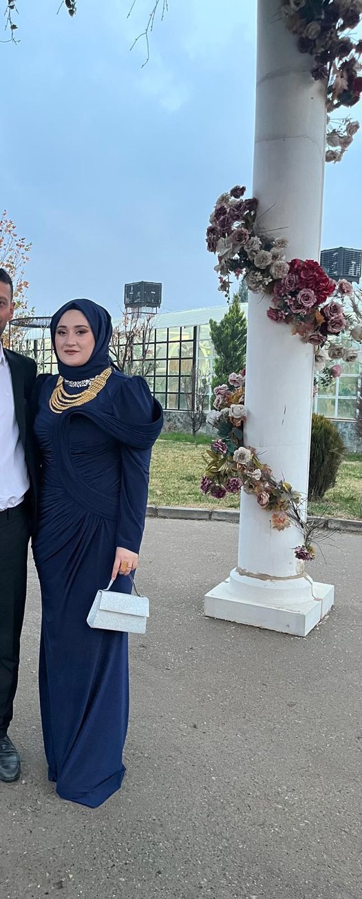 Uzun Kollu Drapeli Mavi Abiye Elbise - Görsel 4