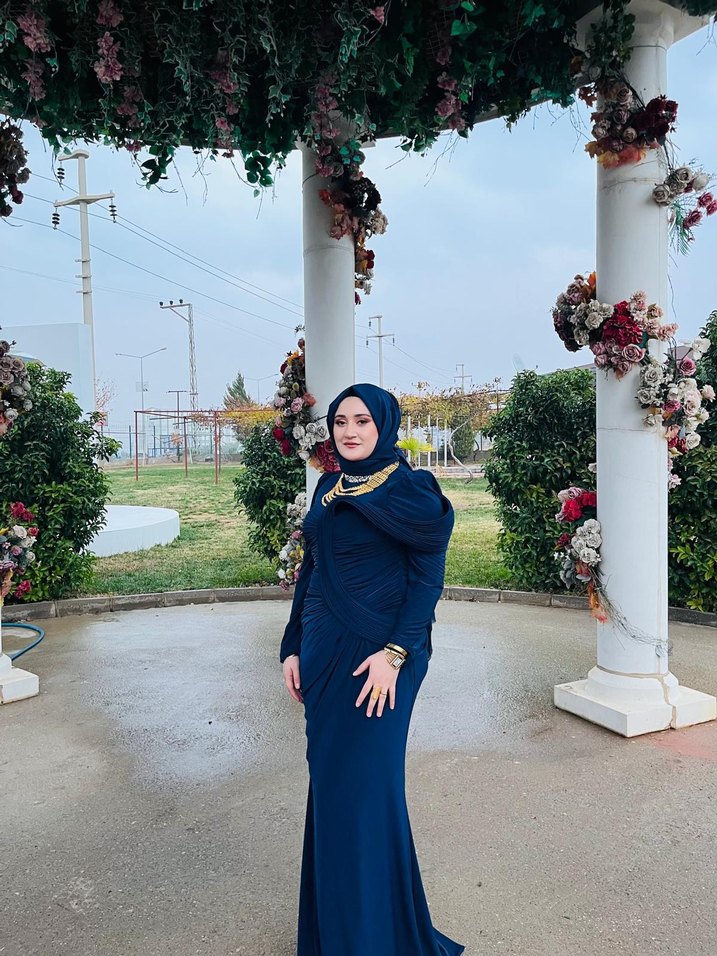 Uzun Kollu Drapeli Mavi Abiye Elbise - Görsel 2