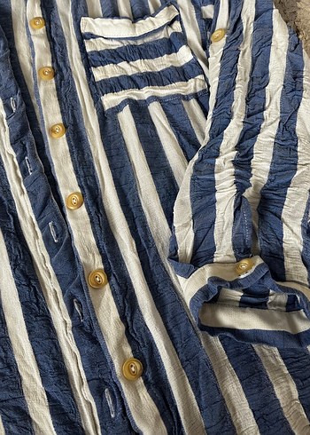 Düğmeli Mavi Çizgili Keten Gömlek - Görsel 6