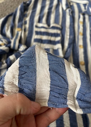 Düğmeli Mavi Çizgili Keten Gömlek - Görsel 5