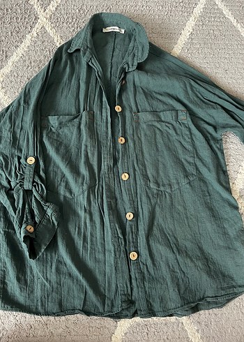 Düğmeli Mavi Çizgili Keten Gömlek - Görsel 2