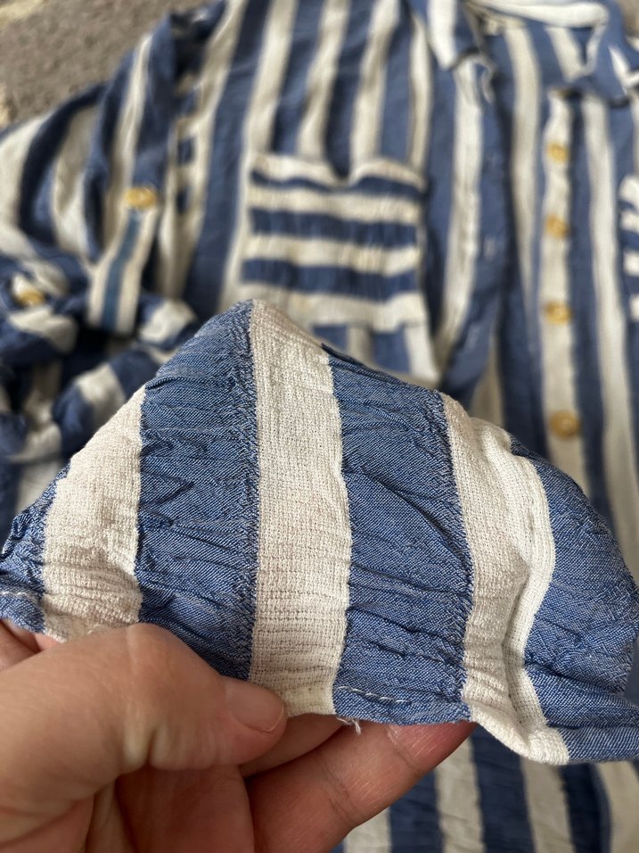 Düğmeli Mavi Çizgili Keten Gömlek - Görsel 5