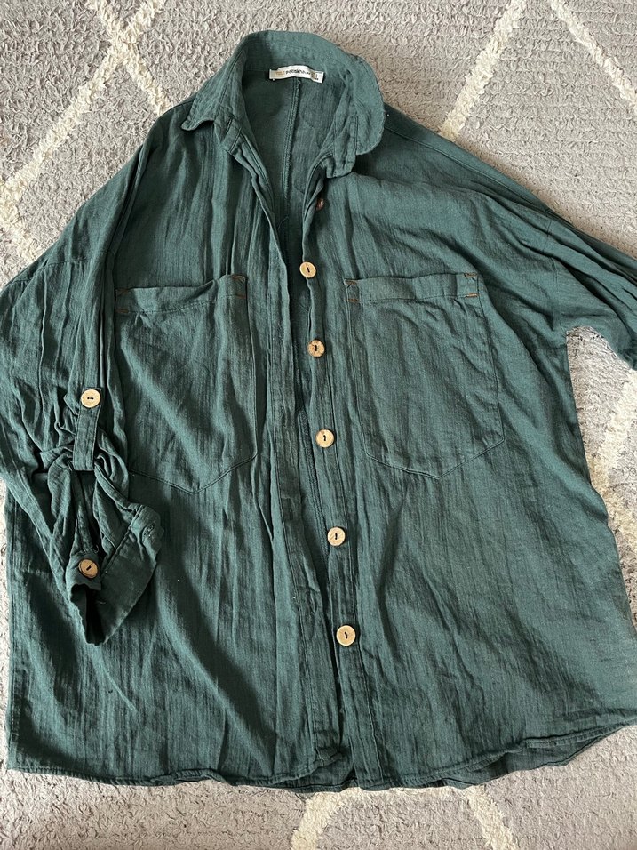 Düğmeli Mavi Çizgili Keten Gömlek - Görsel 2