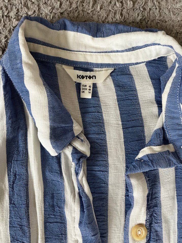 Düğmeli Mavi Çizgili Keten Gömlek - Görsel 3