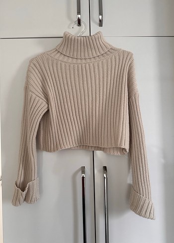 Bej Örgü Kadın Boğazlı Crop Kazak - Görsel 2
