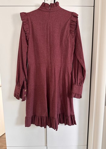 Bordo Fırfırlı Uzun Kollu Midi Elbise - Görsel 2