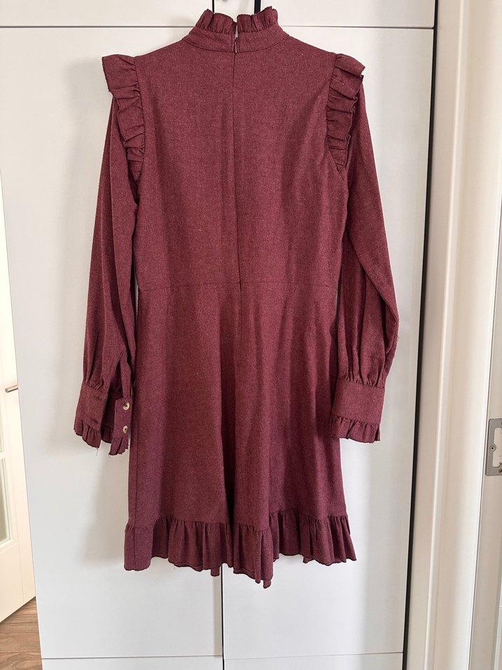 Bordo Fırfırlı Uzun Kollu Midi Elbise - Görsel 2