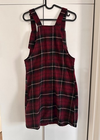 Bordo Ekose Desenli Kadın Askılı Midi Salopet - Görsel 3