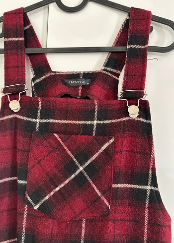 Bordo Ekose Desenli Kadın Askılı Midi Salopet - Görsel 2