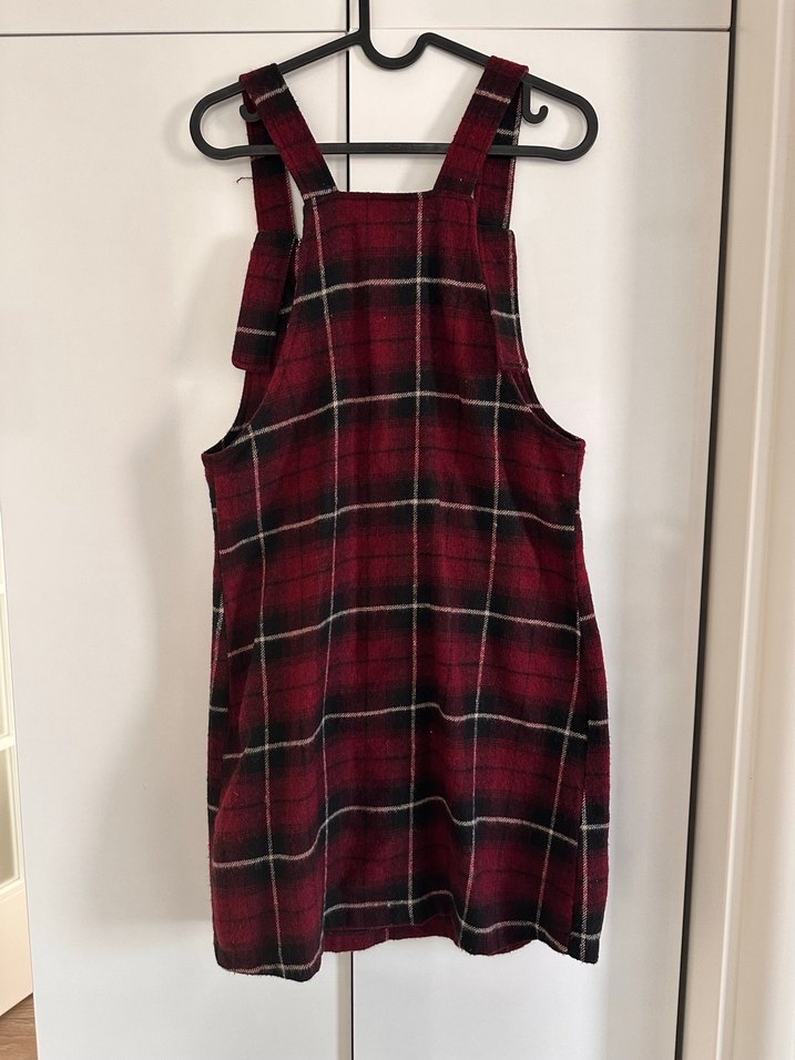 Bordo Ekose Desenli Kadın Askılı Midi Salopet - Görsel 3