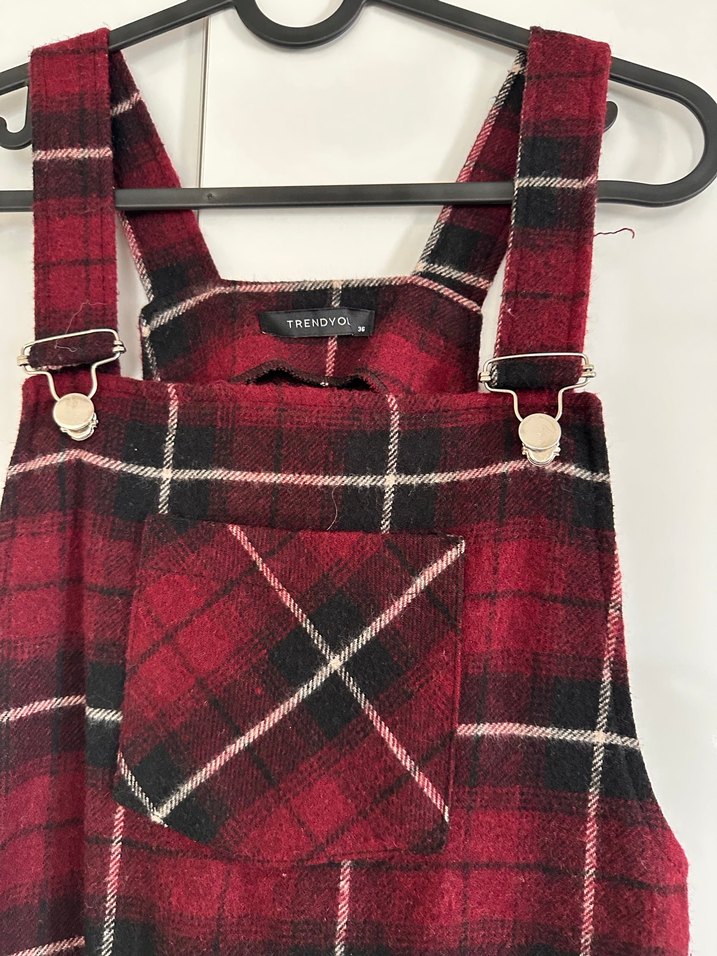 Bordo Ekose Desenli Kadın Askılı Midi Salopet - Görsel 2
