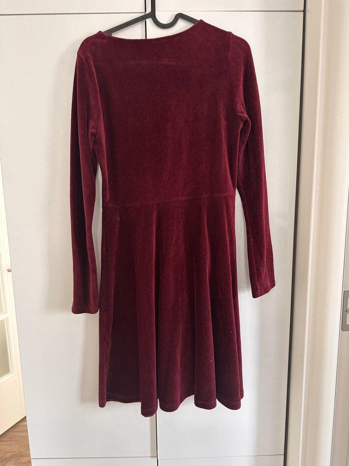 Bordo Kadın Midi Elbise, Uzun Kollu, Düğmeli - Görsel 3