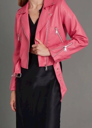 Pembe Kemerli Mini Deri Biker Ceket - Görsel 2