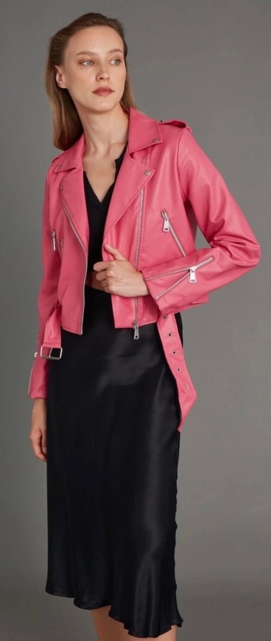 Pembe Kemerli Mini Deri Biker Ceket - Görsel 2
