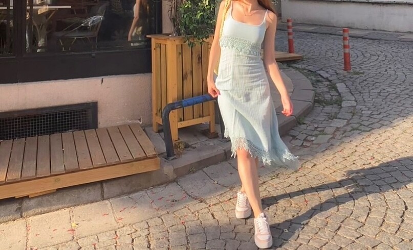 Su yeşili vintage elbise keten