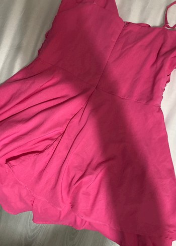 Pembe V Yakalı Keten Kadın Tulum - Görsel 2