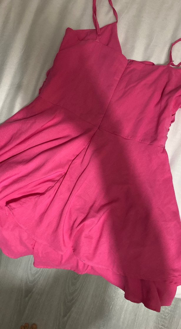 Pembe V Yakalı Keten Kadın Tulum - Görsel 2