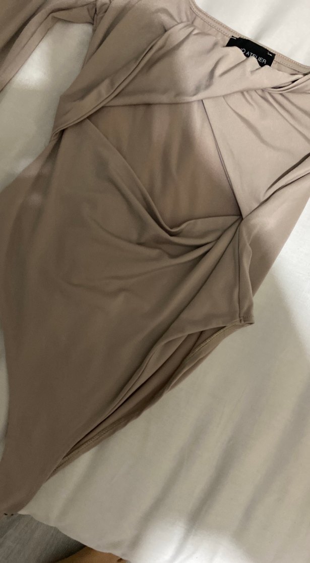 Bej Drapeli V Yaka Uzun Kollu Kadın Bluz - Görsel 3