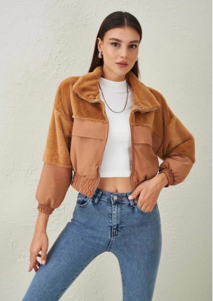 Kahverengi Tüylü Süet Kısa Ceket - Görsel 3