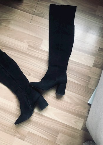 Siyah Süet Dizüstü Stiletto Topuklu Çizme - Görsel 8