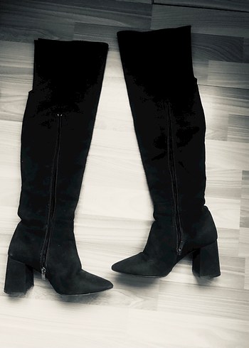 Siyah Süet Dizüstü Stiletto Topuklu Çizme - Görsel 2