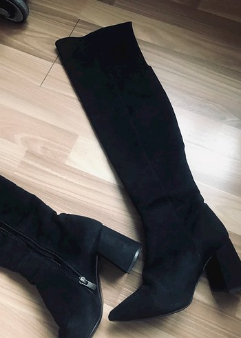 Siyah Süet Dizüstü Stiletto Topuklu Çizme - Görsel 6