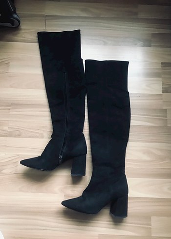 Siyah Süet Dizüstü Stiletto Topuklu Çizme - Görsel 9