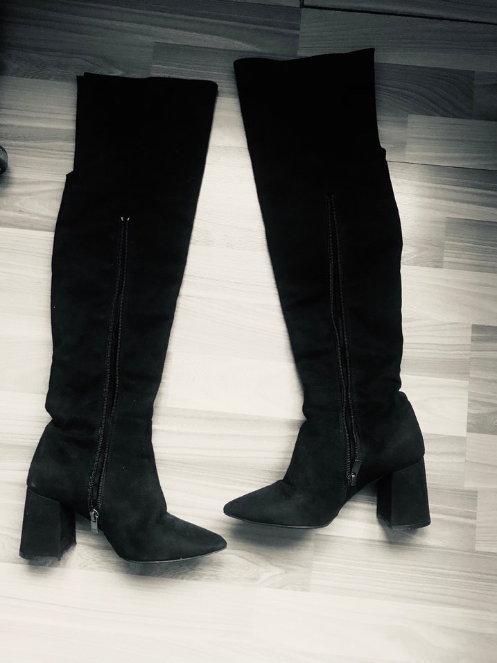 Siyah Süet Dizüstü Stiletto Topuklu Çizme - Görsel 2