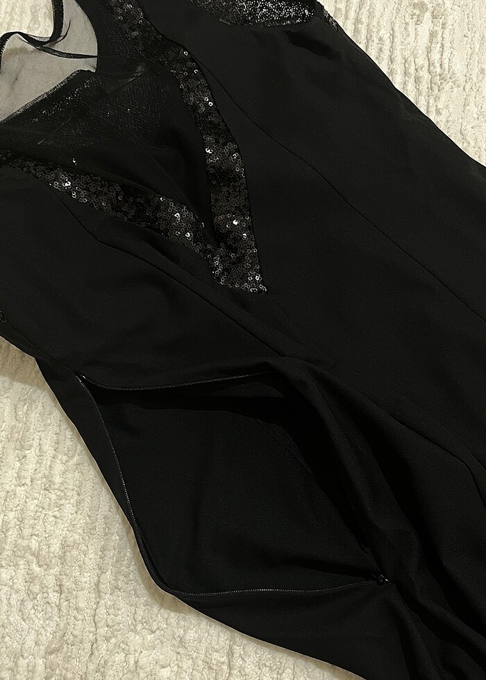 Tül detay siyah kumaş elbise - Görsel 4