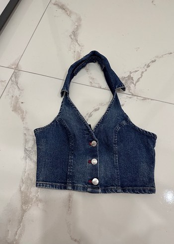 Denim Düğmeli Askılı Yelek