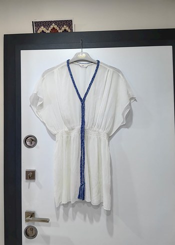 Beyaz Bohem Kısa Kollu Mini Plaj Elbisesi - Görsel 2